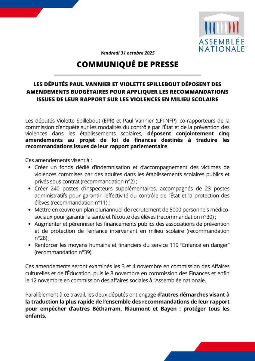 Avec <a href="/PaulVannierFI/">Paul Vannier</a> et une quarantaine de collègues, nous avons déposé conjointement cinq amendements au projet de loi de finances destinés à traduire les recommandations issues de notre rapport parlementaire sur les violences dans les établissements scolaires.

Retrouvez notre