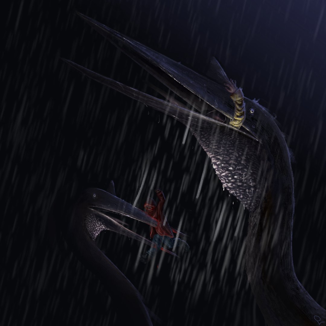 Azhdarchids wouldn't be capable of fitting you in their stomachs... but they'd still try it.

Happy Halloween everybody!
#quetzalcoatlus #horrorart #paleoart