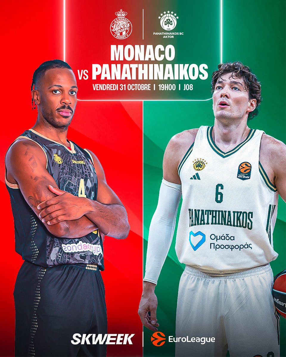 🏀🇲🇨 Monaco - ☘️Panathinaïkos
🕖 18h45
📺 <a href="/skweektv/">SKWEEK</a> 

Affiche 5⭐️ ce soir à Gaston Médecin !
La dernière fois que le Pana est venu en principauté, Kendrick Nunn a planté 37pts.
Les Monegasques feront-ils le sans faute dans cette semaine 100% grecque ?

Rdv sur le #SKWEEKlive