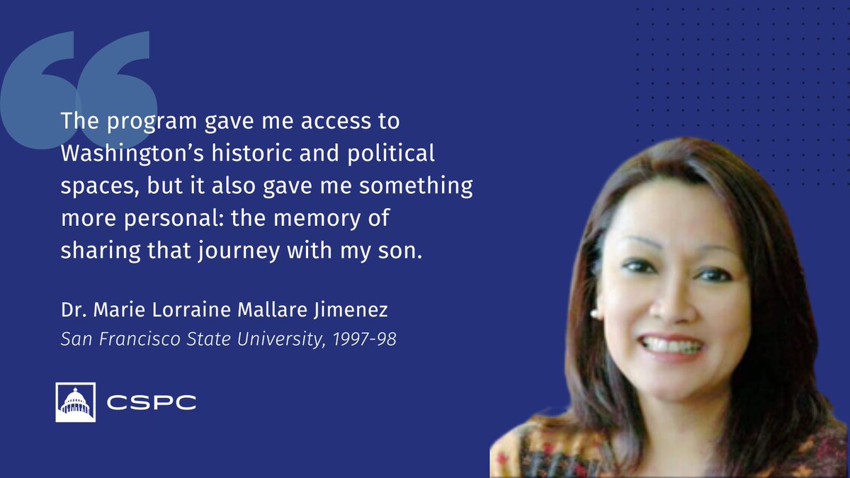 CSPC_DC's tweet image. Happy Friday and welcome back to a special Alumni Spotlight edition of &quot;Fellows Friday!&quot;

We’re excited to feature Dr. Marie Lorraine Mallare, a Presidential Fellow from the 1997-98 cohort, representing San Francisco State University!

Read her profile: lnkd.in/eAk_25Kx
