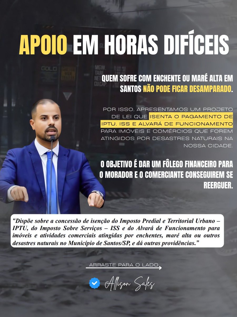 allisonsales's tweet photo. 💧 Chega de prejuízo sozinho! Protocolamos um projeto de lei que garante isenção de IPTU, ISS e Alvará para quem for atingido por enchentes ou marés altas em Santos. É hora de ajudar o santista a se reerguer com dignidade! 🙌 https://t.co/jJfA8JnNwM