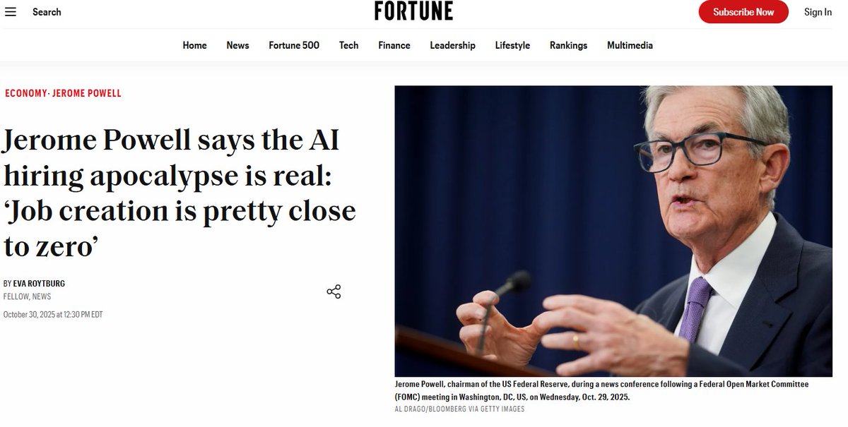 Jerome Powell just validated the "AI hiring apocalypse" thesis from the Fed's podium.

While GDP and AI-driven investment remain strong—which Powell says isn't a dot-com bubble because these firms "actually have earnings"—he admitted that adjusted job creation is "pretty close to