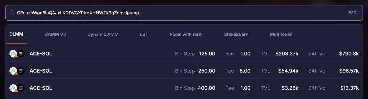 Meteora 풀 선택 인터페이스 스크린샷