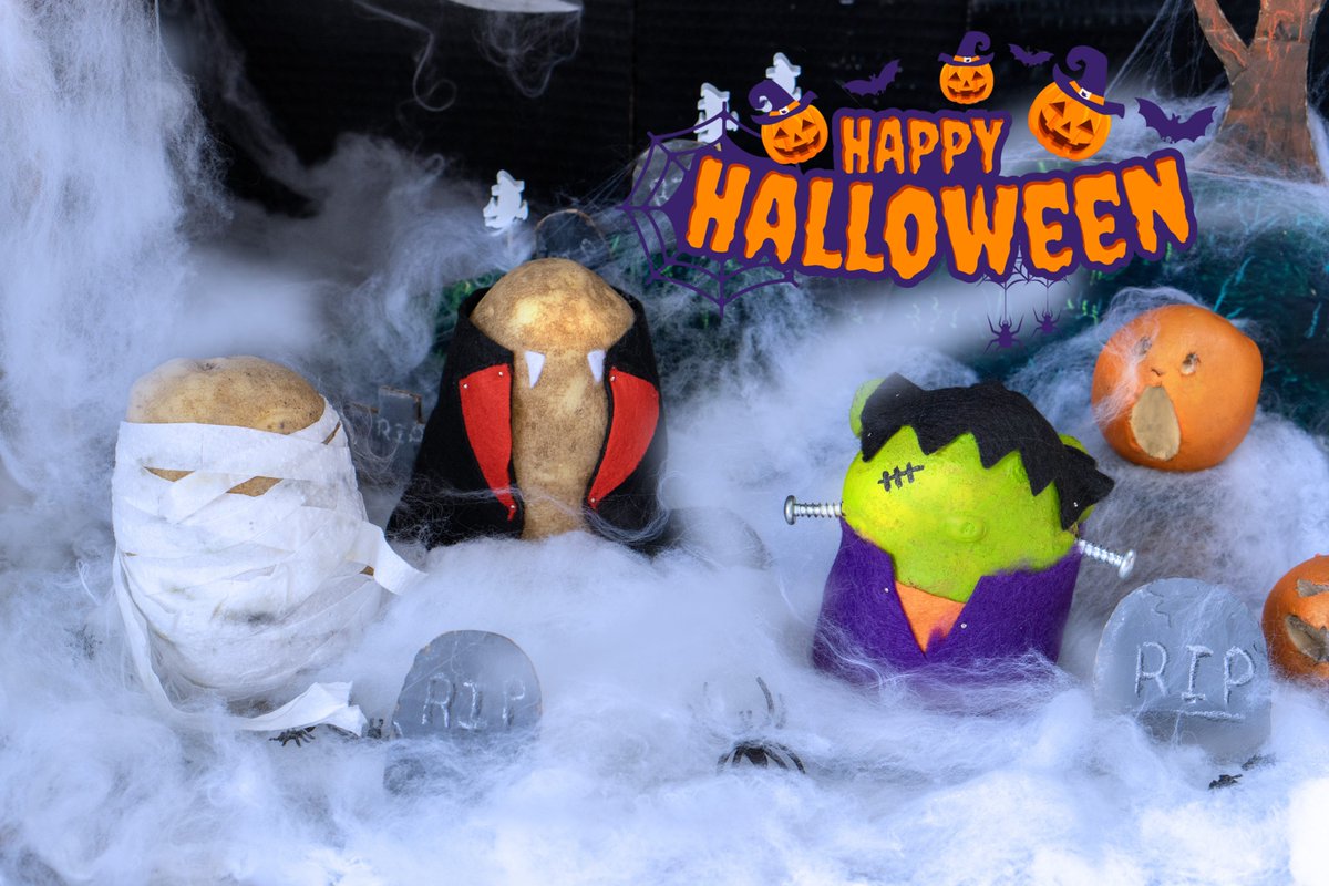 POTATOESNB's tweet photo. Happy Halloween from Potatoes NB! 
Even our potatoes are getting into the spirit this year with their costumes! 
#halloween2025 #halloweencostume #potatoesnb #potatoes #newbrunswickcanada #canada #Halloween https://t.co/DbEN2LSk2w