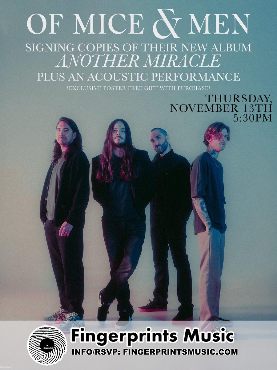 OMandM's tweet photo. Join us Nov 13th at Fingerprints Music in Long Beach, CA for an in-store signing & intimate acoustic performance on the eve of the release of our new album ‘Another Miracle’.
RSVP at https://t.co/5qmgTLZ4Rx for more info! https://t.co/XPiHOsxN5S