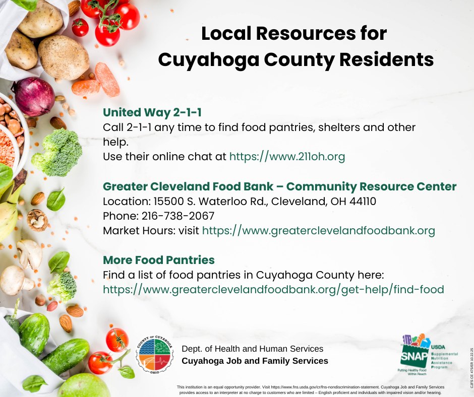 📷 Need Food Assistance in Cuyahoga County?
Help is just a call away.
📷 Dial 2-1-1 (United Way of Greater Cleveland) — free &amp; confidential, 24/7.
They’ll connect you to local food pantries, hot meal sites, and other support services.
You can also reach out directly to: