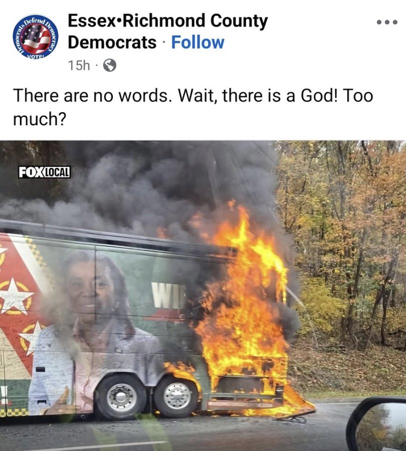 Oh look, more radical Virginia Democrats. 

An official Virginia Democrats account leaping for joy at the Winsome Sears campaign bus that caught fire yesterday. 

The Democrats are the party of violence, they admit it openly. 

🇺🇸