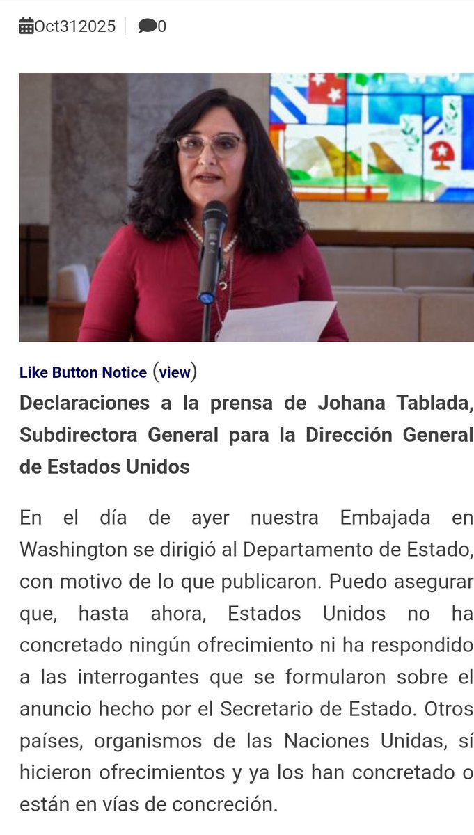 .<a href="/JohanaTablada/">Johana Tablada de la Torre</a>| 
"Puedo asegurar que, hasta ahora, Estados Unidos no ha concretado ningún ofrecimiento ni ha respondido a las interrogantes que se formularon sobre el anuncio hecho por el Secretario de Estado".

cubaminrex.cu/es/declaracion…