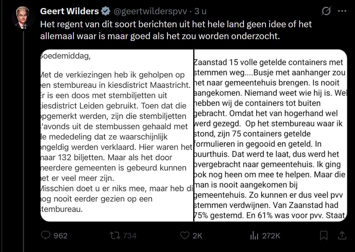 Daarom moet je dus nooit extreemrechts normaliseren. 
We halen onze schouders op, maar Wilders brengt hier het democratische proces in diskrediet.
Zonder enig bewijs beweren dat er fraude gepleegd zou zijn.  
Niet normaal maken wat niet normaal is.