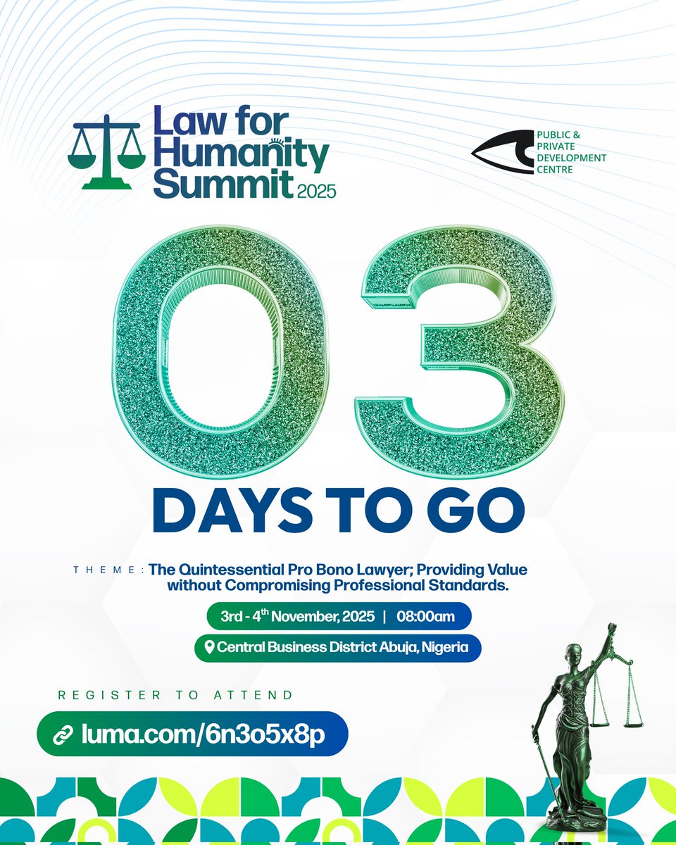 PPDC_ng's tweet image. 3 Days to Go! ⏳
The countdown continues to the Law for Humanity Summit!
Get ready to connect with trailblazers championing access to justice, legal empowerment, and pro bono excellence.

#LawForHumanity #AccessToJustice #LegalEmpowerment