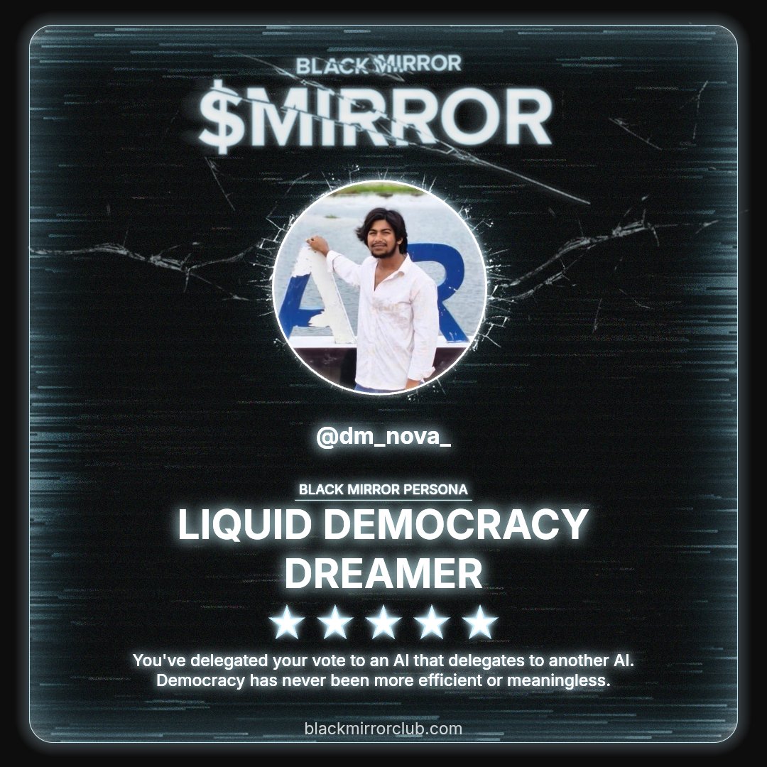 dm_nova_'s tweet image. Scanned and processed. The algorithm judged me.
Discover your Black Mirror Persona by @blackmirror_xp and claim yours now.
loyalty.blackmirrorclub.com/loyalty