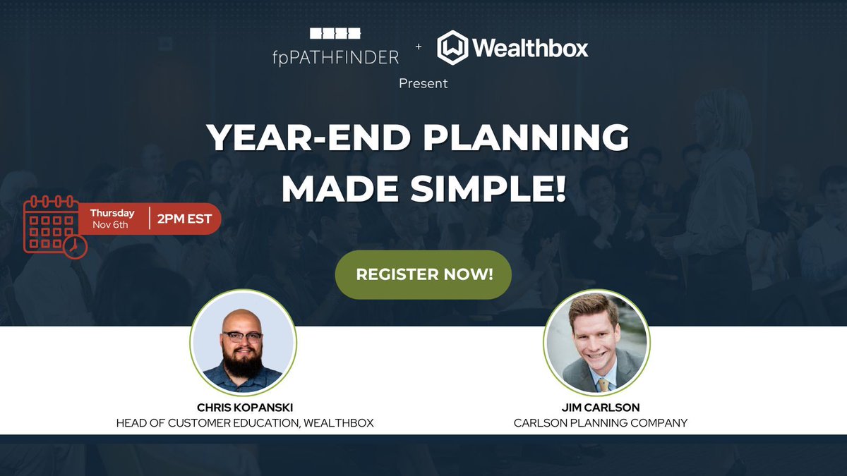 🎥 Register Now: Year-End Planning With Wealthbox &amp; fpPathfinder
🗓️ November 12, 2025 at 2PM ET
👉 Register now: buff.ly/46F7t29 

Join us for a webinar focused on year-end planning strategies that help you close out 2025 efficiently and set the stage for success in 2026!