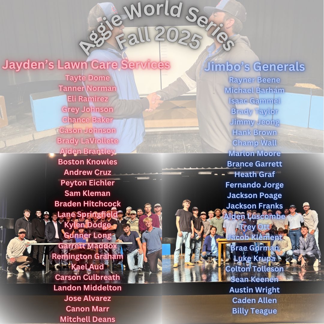 🚨AGGIE FALL 2025 WS🚨

The Stage is set! A three game series that begins on 11/3/2025. Games one and two will be played Monday and Tuesday, with the IF game on Thursday. 

Jimbo’s Generals vs Jayden’s Lawn Care Services‼️
#LetItLooose