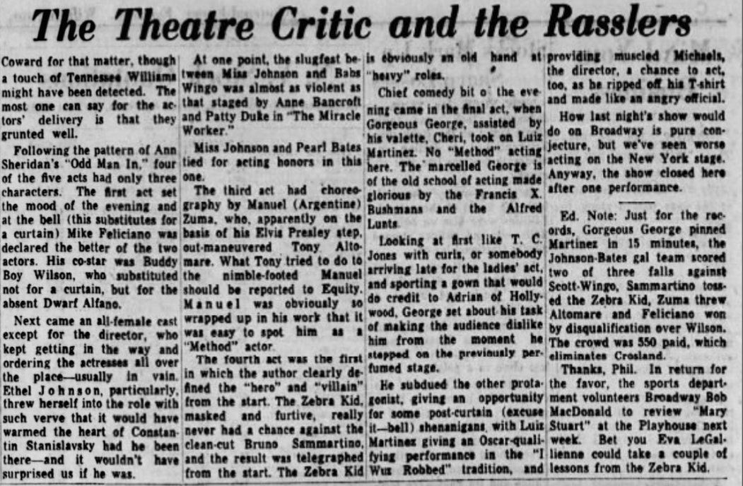 Where else would you put a review of a wrestling card? Ray Fabiani's 1960 card from Wilmington, DE gets a theatrical review in the local paper courtesy of Phil Crosland of the News Journal 🎭