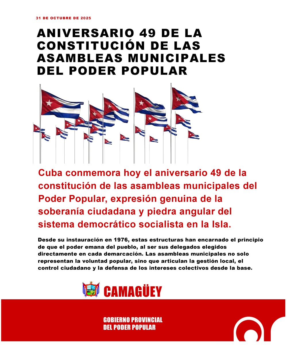 GobCamaguey's tweet image. 🇨🇺31 de octubre de 1976, aniversario 49 de la constitución de las Asambleas Municipales del Poder Popular en #Cuba. ¡Muchas Felicidades!
#FidelPorSiempre: "Nuestro sistema político, que consagra el poder del pueblo, es la principal conquista que debemos defender". #PoderDelPueblo