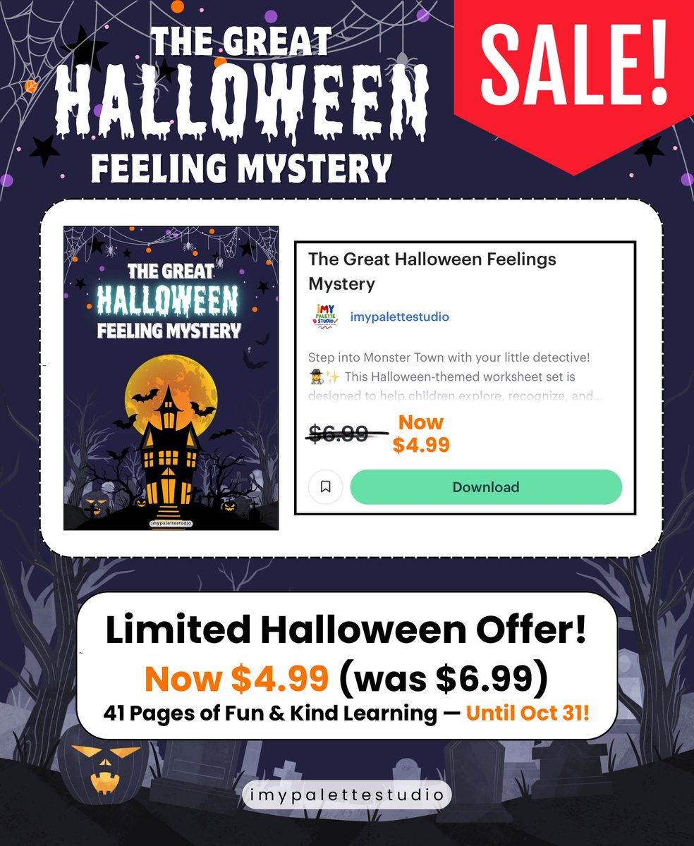 imypalettex's tweet image. 🕵️‍♀️ Discover feelings and solve mysteries — the ultimate Halloween activity for kids!

TPT 🔗 shorturl.asia/T7C03

#TPT #HalloweenActivities #FunWorksheets #CreativeKids #LearningFun #PrintablePages #halloween