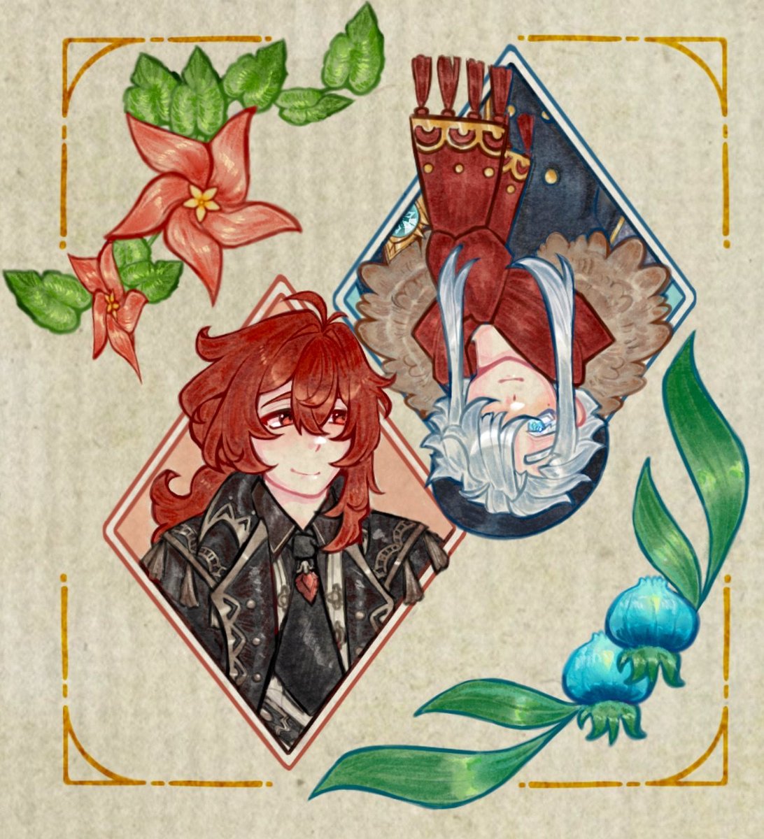 TheFiveTimely's tweet photo. Did you know their ascension materials match the color of their partner? 

Art by Etoiloeuf (tiktok)
°.✩┈┈∘*┈🌙┈*∘┈┈✩.°
#genshinyume #frozenflames #diluc #yumetwt https://t.co/Ny7qJ4Z0A1