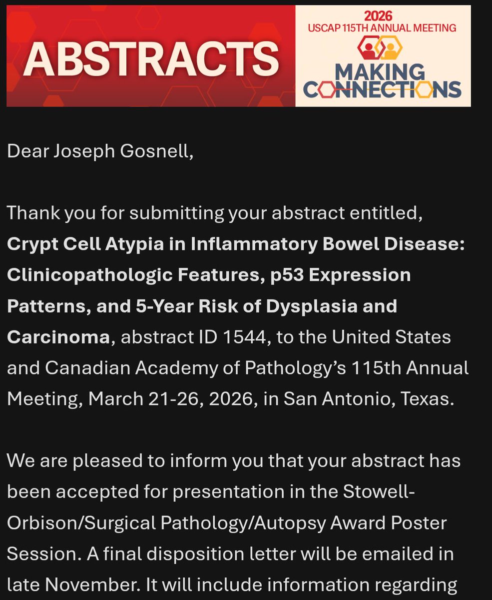 JGosnell2's tweet photo. Extremely grateful to have two of my first author abstracts accepted for #USCAP2026 in San Antonio! Especially  grateful for one being considered for the Stowell-Orbison poster award! 
Many thanks to the consultants @MayoClinicPath for their guidance on these projects! @TheUSCAP https://t.co/b3QwfThvDT