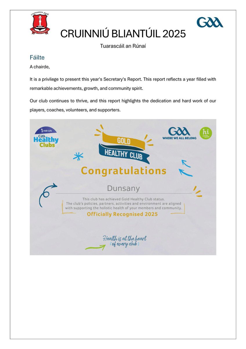 DunsanyGAA's tweet image. Tuarascáil an Rúnaí 2025 is out now.

Healthy Club GOLD, Green Club progress, underage growth, community momentum—&amp;amp; big plans for volunteers, referees, a new gym and lights.

Get involved—DM us.

See some pages 📑 below! 

#DunsanyGAA #MeathGAA #GAA #Community #UpDunsany