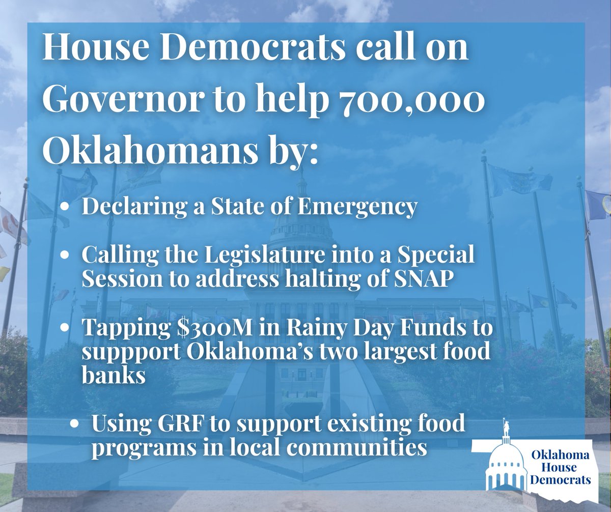 OklaHouseDems's tweet image. Friday, Oklahoma House Democrats and Oklahoma Senate Democrats held a press conference urging the Governor to declare a state of emergency and call a special session to help fund lapses in SNAP benefits due to the government shutdown.

Read more: okhouse.gov/posts/news-202…
