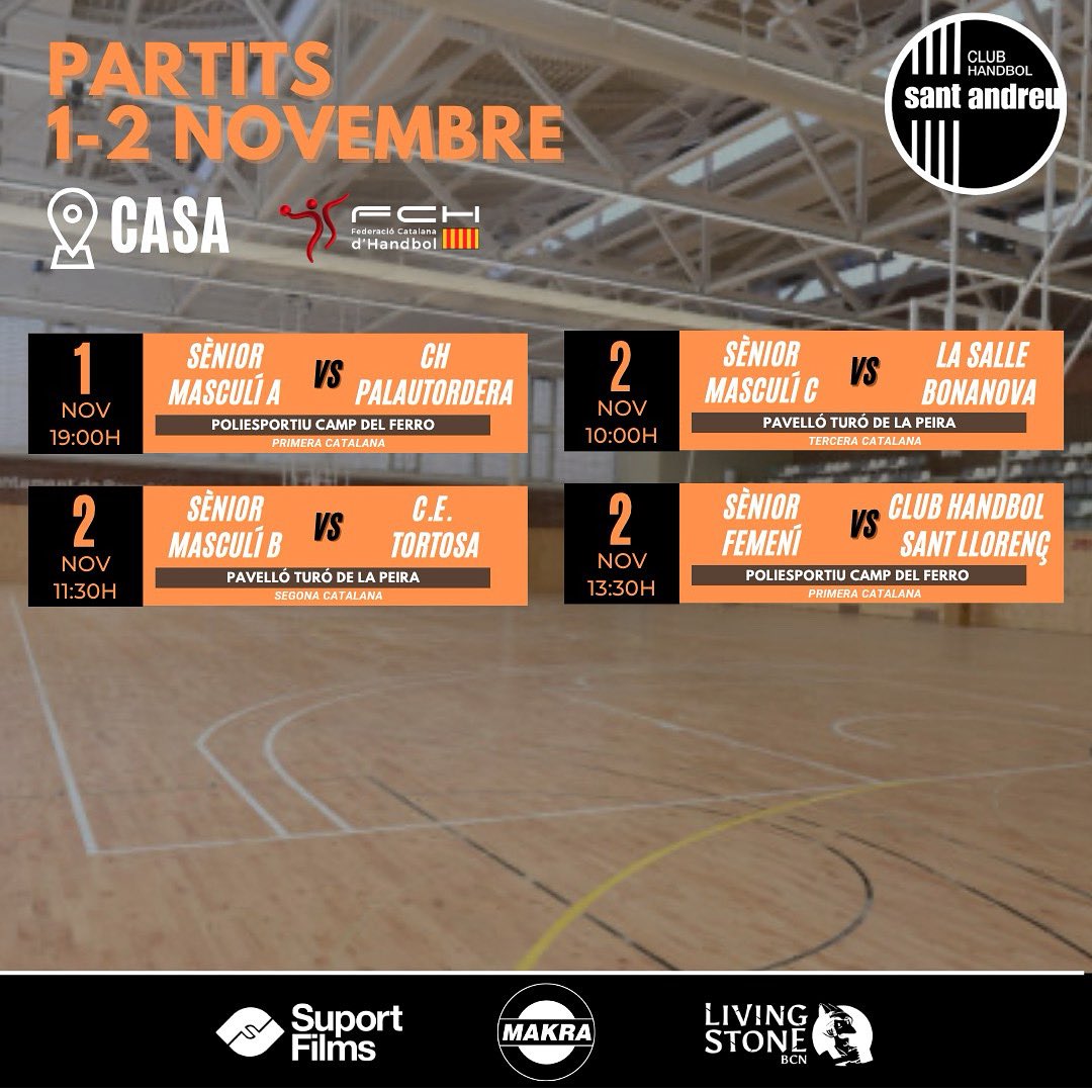 Horaris de FCH del cap de setmana de l’1 i 2 de novembre! Força nois i noies!!🧡🖤🧡
#andreuencsgo #handbol #santandreu