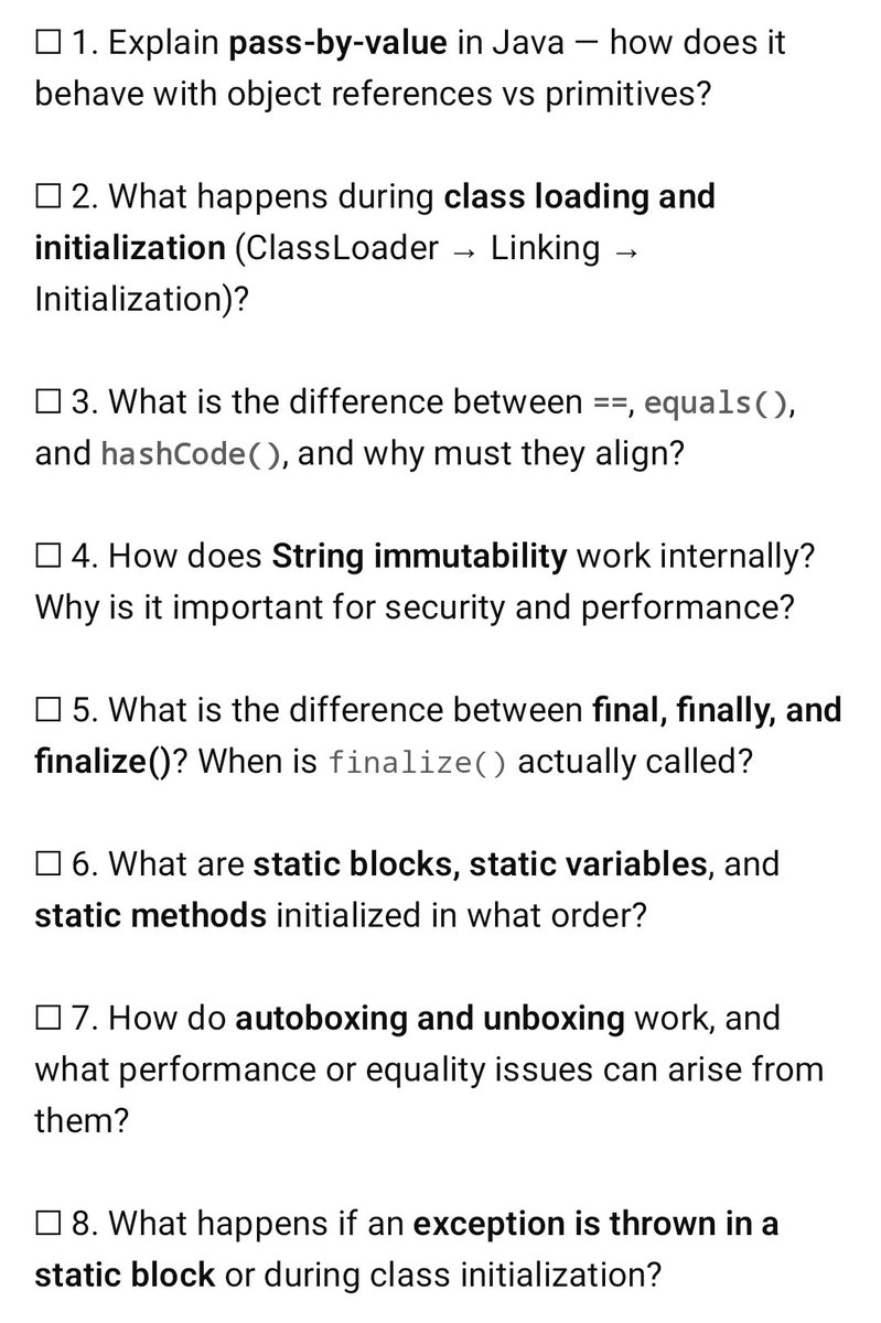 SumitM_X's tweet image. 8 most asked questions in Java Interviews . 

How many can you check in this checklist ?