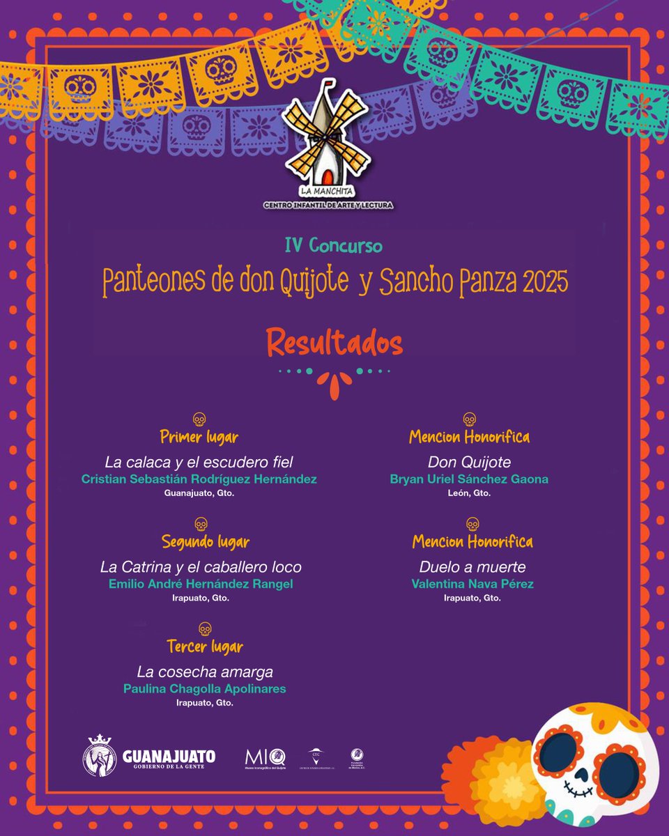 Nos complace presentar los resultados del IV Concurso de Calaveritas Literarias "Panteones de Don Qujjote y Sancho Panza". Muchas gracias a todas las niñas y niños participantes. El próximo 8 de noviembre será la premiación en #LaManchita.