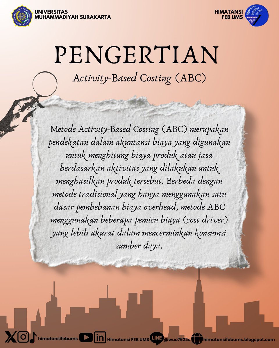 himatansiFEBUMS's tweet image. [𝐉𝐀𝐊𝐔𝐍]

Jelajah Akuntansi #chapter45

Halo Rekan, HIMATANSI FEB UMS!

Pernah dengar tentang 𝘈𝘤𝘵𝘪𝘷𝘪𝘵𝘺-𝘉𝘢𝘴𝘦𝘥 𝘊𝘰𝘴𝘵𝘪𝘯𝘨?

Metode 𝘈𝘤𝘵𝘪𝘷𝘪𝘵𝘺-𝘉𝘢𝘴𝘦𝘥 𝘊𝘰𝘴𝘵𝘪𝘯𝘨 (ABC) merupakan pendekatan dalam akuntansi biaya yang digunakan untuk