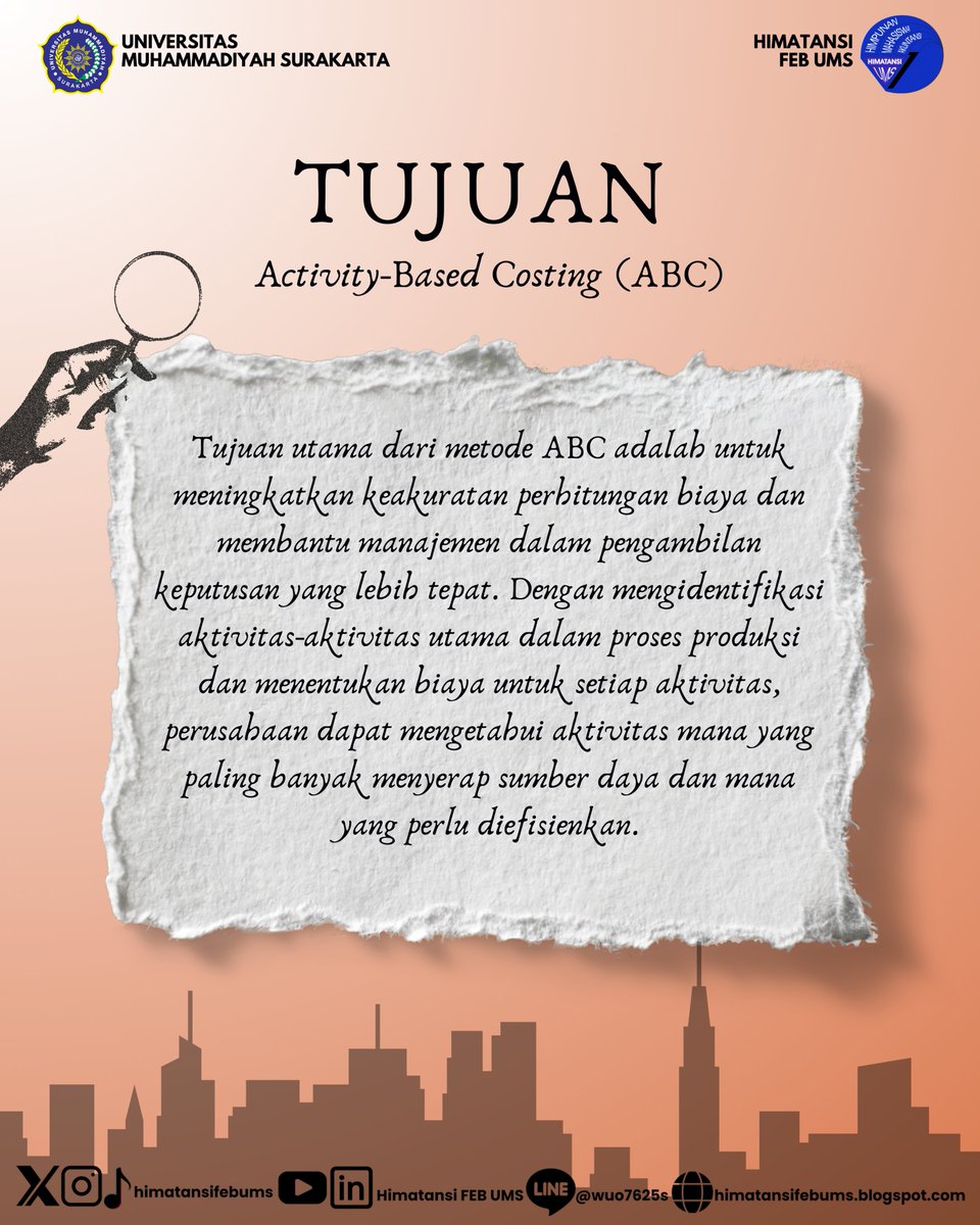 himatansiFEBUMS's tweet image. [𝐉𝐀𝐊𝐔𝐍]

Jelajah Akuntansi #chapter45

Halo Rekan, HIMATANSI FEB UMS!

Pernah dengar tentang 𝘈𝘤𝘵𝘪𝘷𝘪𝘵𝘺-𝘉𝘢𝘴𝘦𝘥 𝘊𝘰𝘴𝘵𝘪𝘯𝘨?

Metode 𝘈𝘤𝘵𝘪𝘷𝘪𝘵𝘺-𝘉𝘢𝘴𝘦𝘥 𝘊𝘰𝘴𝘵𝘪𝘯𝘨 (ABC) merupakan pendekatan dalam akuntansi biaya yang digunakan untuk