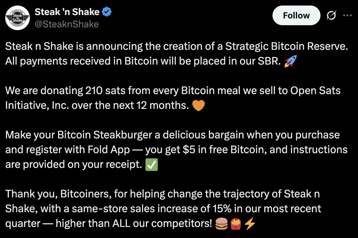Cryptolution's tweet image. 🚨JUST IN: @SteaknShake announces #Bitcoin Strategic Reserve 🍔🍟🏦
