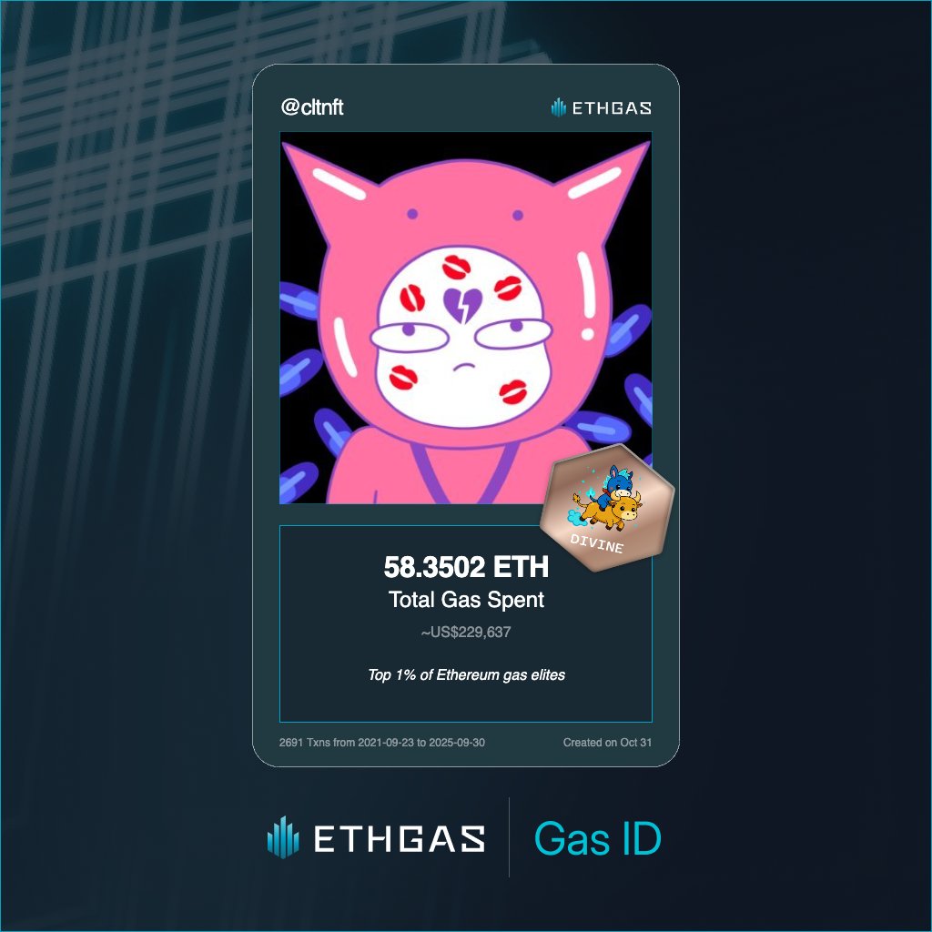 cltnft's tweet image. Just unlocked my Gas ID via ETHGas 🪪

I'm a Divine Jack with 58.3502 ETH spent on gas since Beacon Chain - now fueling my climb to the Gasless Future and earned 4000 Beans already. 

Reveal yours at ethgas.com/community/gas-…