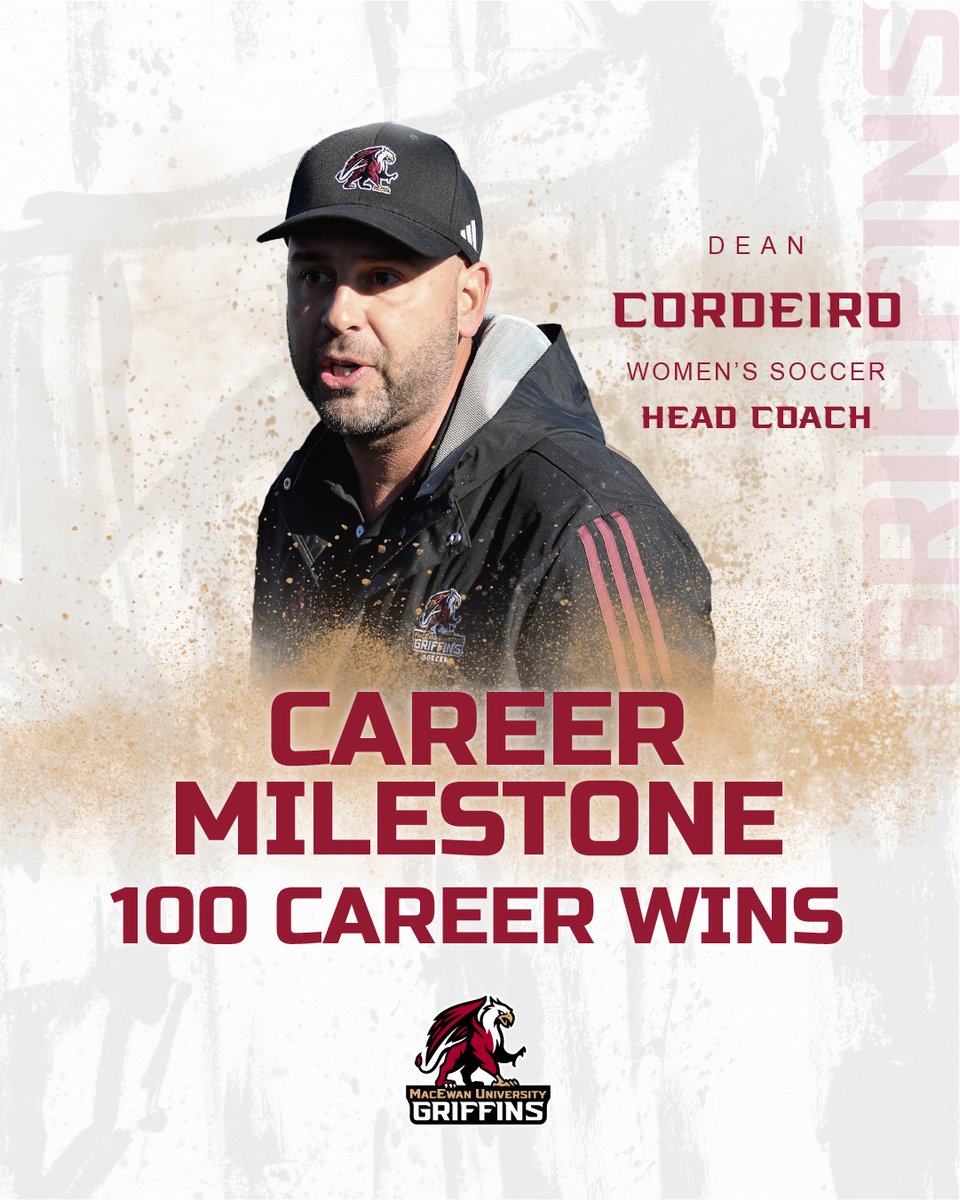 W⚽️| MILESTONE
Congrats to <a href="/Griffins_WSOC/">MacEwan Griffins Women's Soccer</a> head coach Dean Cordeiro, who has reached 100 career <a href="/CanadaWest/">Canada West</a> regular season wins - the first coach in <a href="/MacEwanU/">MacEwan University</a> history to accomplish the feat at the <a href="/USPORTSca/">U SPORTS</a> level and 10th to do it including our <a href="/CCAAsportACSC/">CCAA 🇨🇦 ACSC</a> era.
#GriffNation