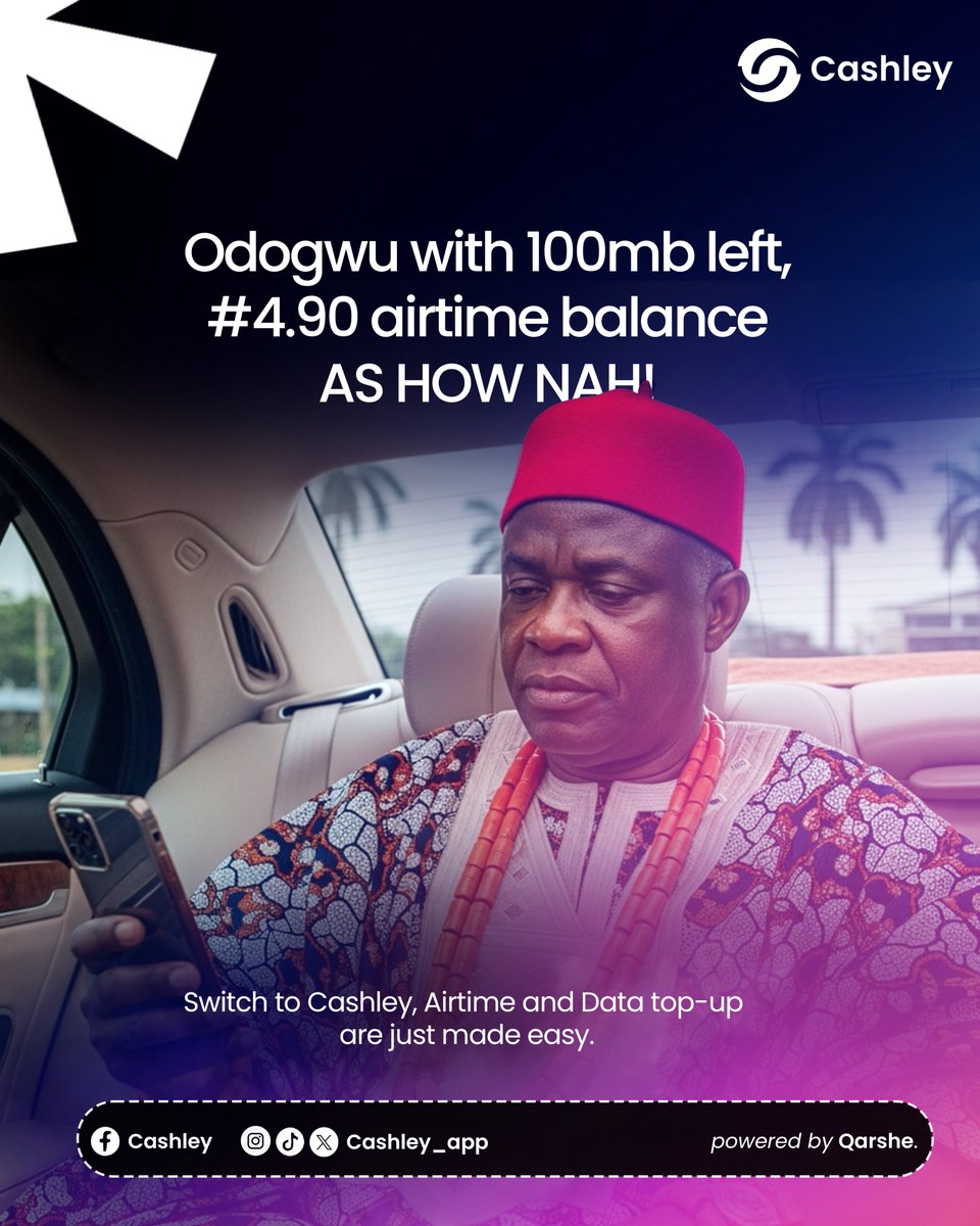 Cashley_app's tweet image. Odogwu with 100MB left and #4.90 airtime balance? AS HOW NAH! 😬

Switch to Cashley, Airtime and Data top-up made super easy. 📱✨

#Cashley #AirtimeTopUp #DataTopUp #StayConnected #Qarshe