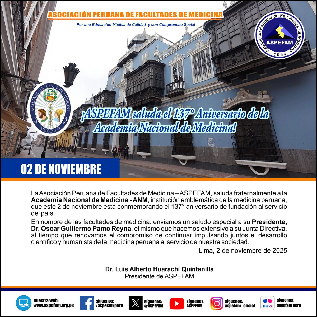 ✅ ¡ASPEFAM saluda el 137° Aniversario de la Academia Nacional de Medicina!
➡️ Ver saludo: goo.su/haREkq
➡️ Noticias: aspefam.org.pe/prensa.htm
#AspefamPeru #EducacionMedica