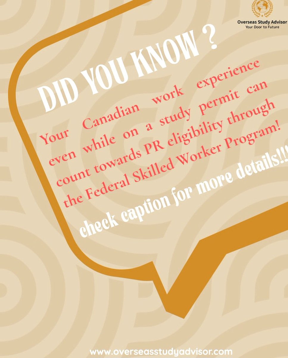 advisorOSA's tweet image. Your Canadian work experience, even the one gained while studying, can count towards your Permanent Residency (PR) through the Federal Skilled Worker Program under Express Entry!
#StudyInCanada #CanadaPR #StudyAbroad