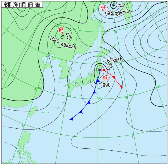 jr3rdh's tweet image. おはようございます。
11月1日 土曜日
03:00の天気図です。
こちらは曇り、朝6時の外気温15.5℃、湿度81.5%です。
今月も宜しくお願い致します。
北日本を爆弾低気圧が通過、暴風雨に警戒ください。
ご安全に、良い一日をお過ごしください。