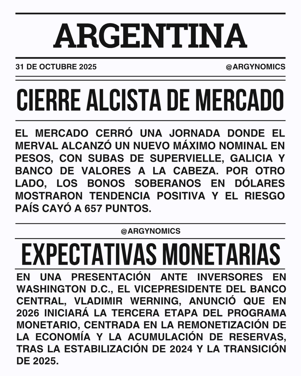 argynomics's tweet photo. Actualización económica
✅Jornada alcista para el mercado bursátil argentino
🚨Presentación del vicepresidente del BCRA con inversionistas en Washington D.C.: 3ra etapa de re-monetización (2026 en adelante) https://t.co/5PgHkYhFhT