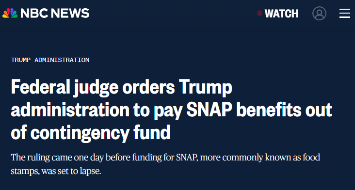 A HORRIBLE JUDGE HAS ORDERED DONALD TO FEED AMERICANS - KNOWING PERFECTLY WELL HE'S BUSY WITH THE BALLROOM. THE CRAZY MARXIST JUDGE IS TRYING TO GET PEOPLE TO EAT! DONNY WILL APPEAL BECAUSE THAT'S HOW IT STARTS. FIRST THEY WANT FOOD, THEN HEALTHCARE, AND SOON NO MARBLE BATHROOM!!