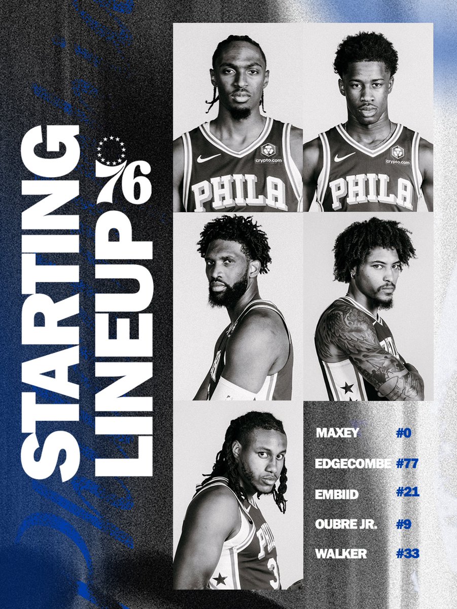 sixers's tweet image. tonight’s starting five: 

🔔 @TyreseMaxey 
🔔 @vj_edgecombe 
🔔 @JoelEmbiid 
🔔 @KELLYOUBREJR 
🔔 @JabariWalker