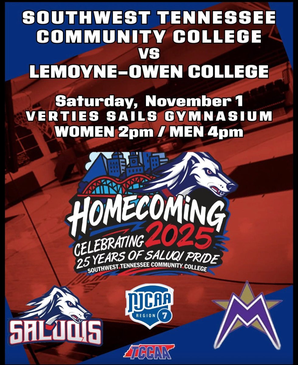 2025-26 Season opener/Home opener 
vs LeMoyne Owen College!

🗓️ Nov. 1, 2025
📍Verties Sails Gymnasium
⏰ 4 PM

👀Tailgate at 10 AM on the tennis courts! 
🎈🪩🎤🍔🌭

#SaluqisHoops 📚🏀 #SweatNowSmileLater 🪓🪵