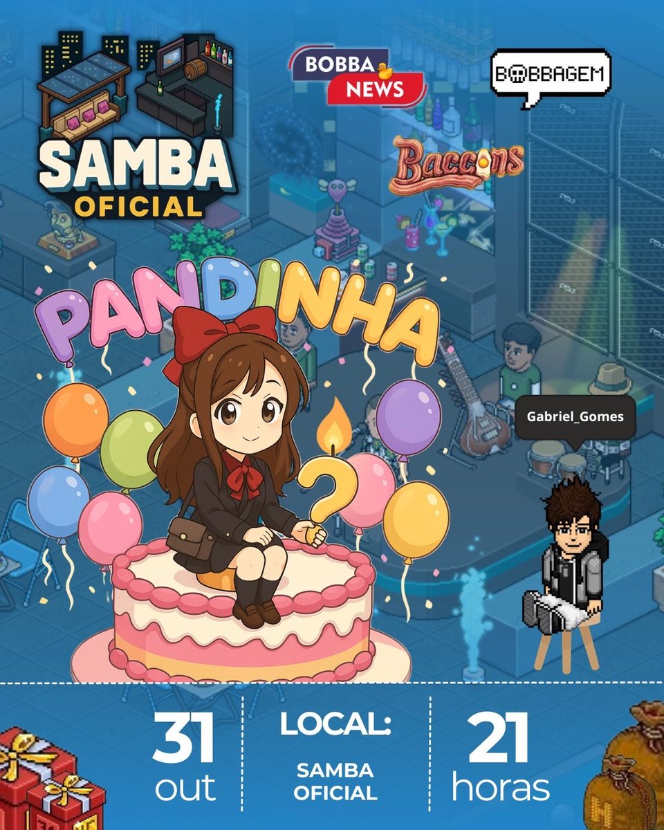🎉 É HOJE!  🎉

COMEMORAÇÃO DO ANIVERSÁRIO DA PANDINHA🐼

Ás 21h, no quarto SAMBA (Habbo Hotel)
Cobertura AO VIVO pela Rádio Baccons!

Com muita diversão e prêmios.💃🕺 ❤️

<a href="/bacconsfeed/">Baccons | Marketing 🥓</a> <a href="/BacconsBR/">Baccons</a> #BOBBAGEM
