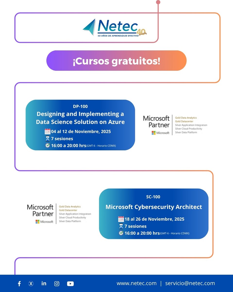netec's tweet image. #CursosGratuitos | En noviembre impulsa las competencias técnicas de tu equipo con formación oficial de #MicrosoftAzure.
Capacita a tus colaboradores en ciencia de datos y ciberseguridad:
✅DP-100 ➡️ hubs.la/Q03R9VfF0
✅SC-100 ➡️ hubs.la/Q03R9Wch0
#NetecConecta