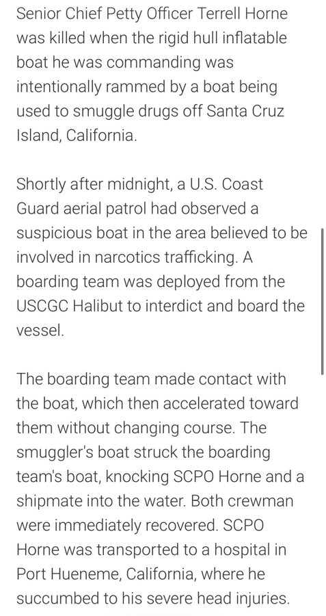 Portrait of Senior Chief Petty Officer Terrell Edwin Horne III in US Coast Guard uniform with medals and insignia, standing under an arch decorated with pink and white flowers. Text overlay details his rank, name, and service in the United States Coast Guard. Second image contains text describing the incident where Senior Chief Horne was killed during a boarding of a drug smuggling boat off Santa Cruz Island, California, involving a US Coast Guard team deployment after aerial patrol observation of narcotics trafficking.