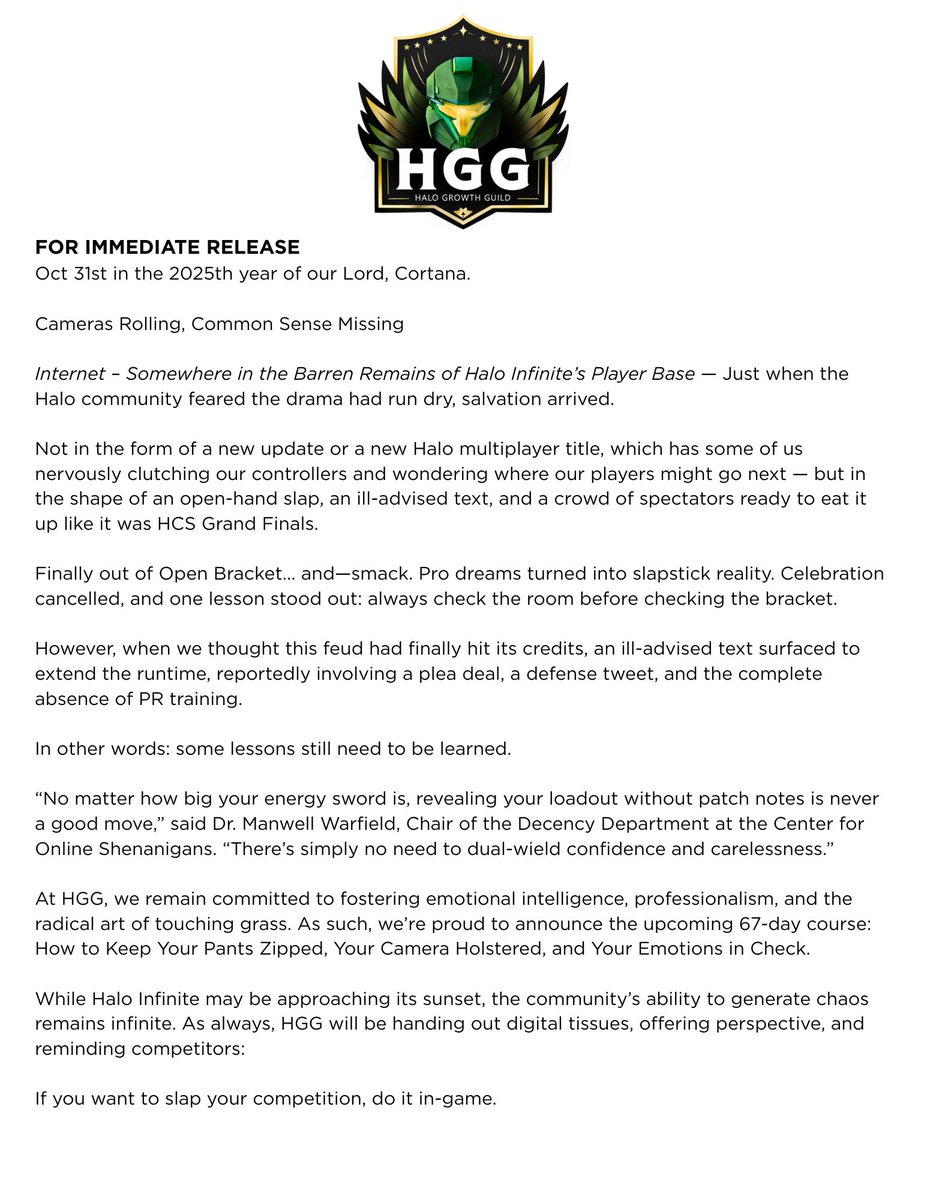 FOR IMMEDIATE RELEASE
#HGG #HaloEsports #PressFToTouchGrass