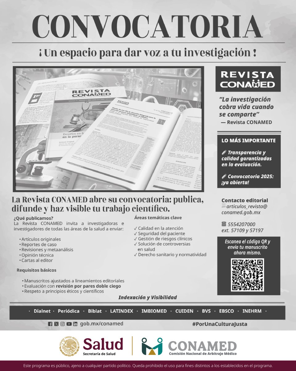 CONAMED_SALUD's tweet image. 📣¡#Convocatoria abierta!
🏥La #RevistaCONAMED te invita a publicar tu artículo de investigación en salud
📨¡Envíalo y sé parte de la difusión del conocimiento!
🌐 Consulta los lineamientos para autores👉 bit.ly/47A5Pv6
#CONAMED #InvestigaciónEnSalud #PublicaTuArtículo