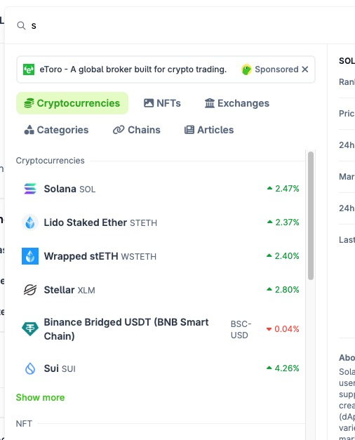 Ceazor7's tweet photo. I used to use @coingecko all the time, but now everytime i load it up its chews up all my memory and makes all tabs unuseable. 

and this too 

what other coin could i mean but typing "S [space]" than $S of @SonicLabs 

oh and all the other "S coins" are green but not out little friend