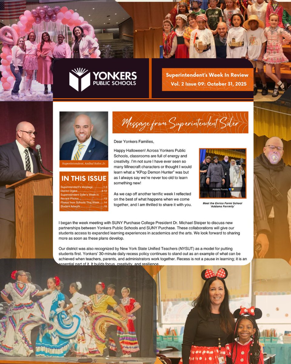 What a fantastic Week! From students showing off their favorite Halloween costumes, to YMHS first-ever Breast Cancer Walk, and #YonkersPublicSchools Hispanic Heritage Celebration — it’s been a week full of energy, creativity, and meaningful moments! 💙
 
📅 Reminder: No school