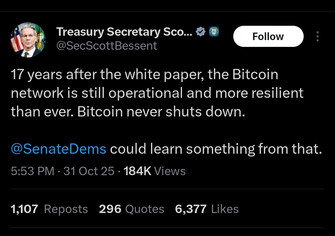 ÚLTIMA HORA 🚨| El Secretario del Tesoro de EE. UU. celebra los 17 años del  whitepaper de Bitcoin, recordando como en tantos años la red nunca se ha  detenido.