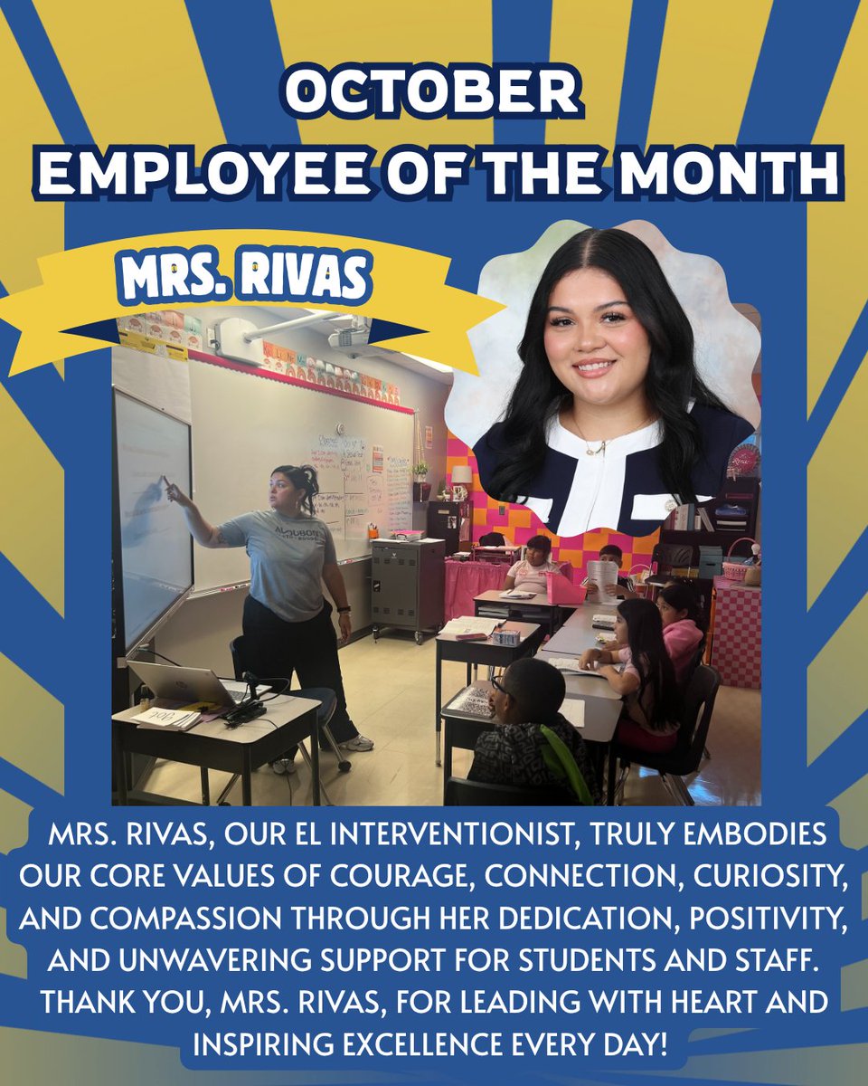 🎉 Congrats to all of our September Employees of the Month! 🌟
Ms. Tarrunza (Audubon Gentilly - Culture Strategist)
Mme. Emily (Audubon Lower Campus - 3rd Grade Teacher)
Dr. Dawn (Audubon Upper Campus - SPED Teacher)
Ms. Rivas (Audubon Baton Rouge - EL Specialist)