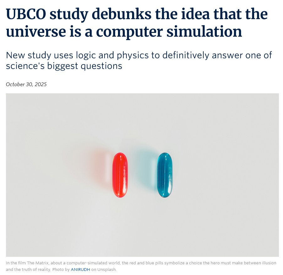 Dr_Singularity's tweet image. Researchers have mathematically proven that the universe cannot be a computer simulation.
Their paper in the Journal of Holography Applications in Physics shows that reality operates on principles beyond computation.
Using Gödel’s incompleteness theorem, they argue that no…